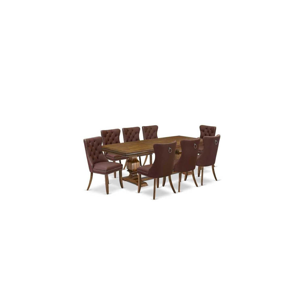 9 Piece Mid Century Dining Table Set with 8 Burgundy Faux Leather Chairs I794293