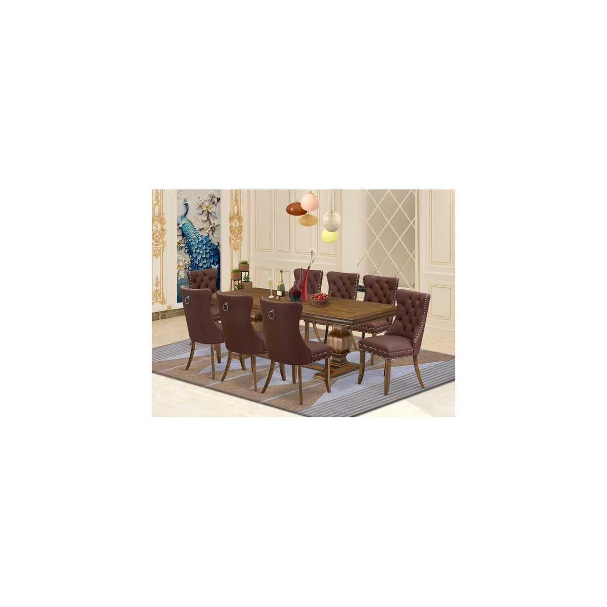 9 Piece Mid Century Dining Table Set with 8 Burgundy Faux Leather Chairs I794293