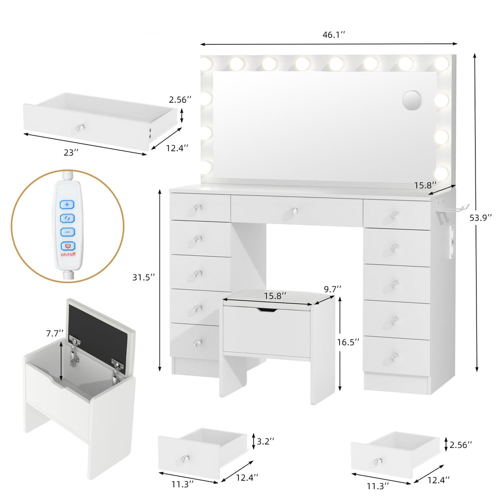46" Vanity with Lighted Mirror and 11 Drawers K6258