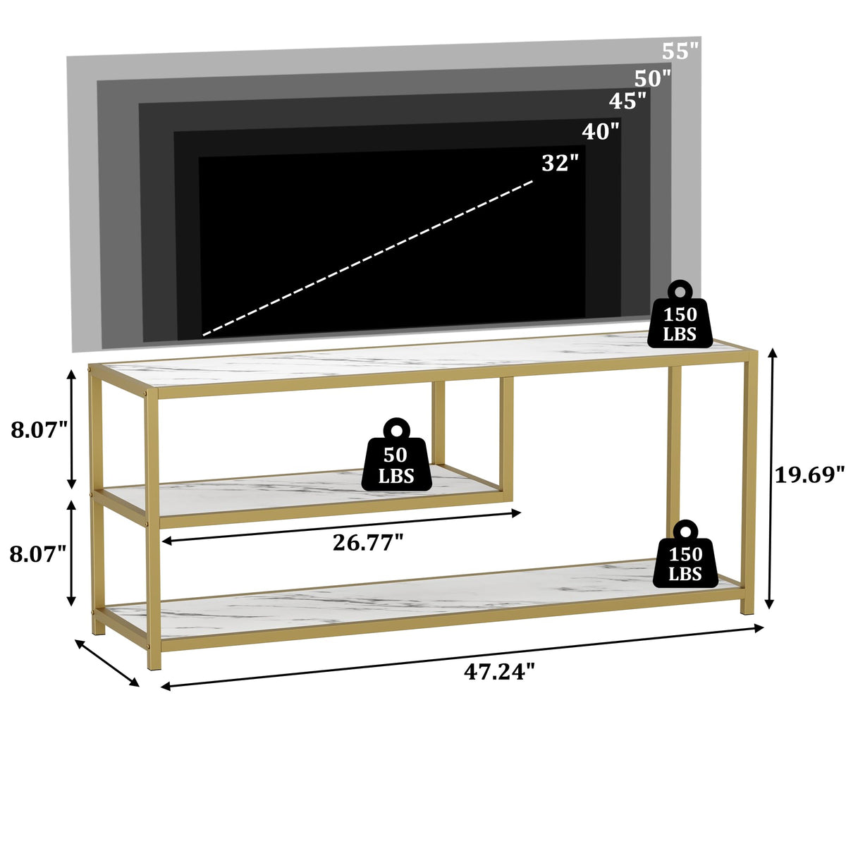 TV Stand for TVs up to 55 Inch, 3 Tier Media Console with Open Storage Shelves V762805