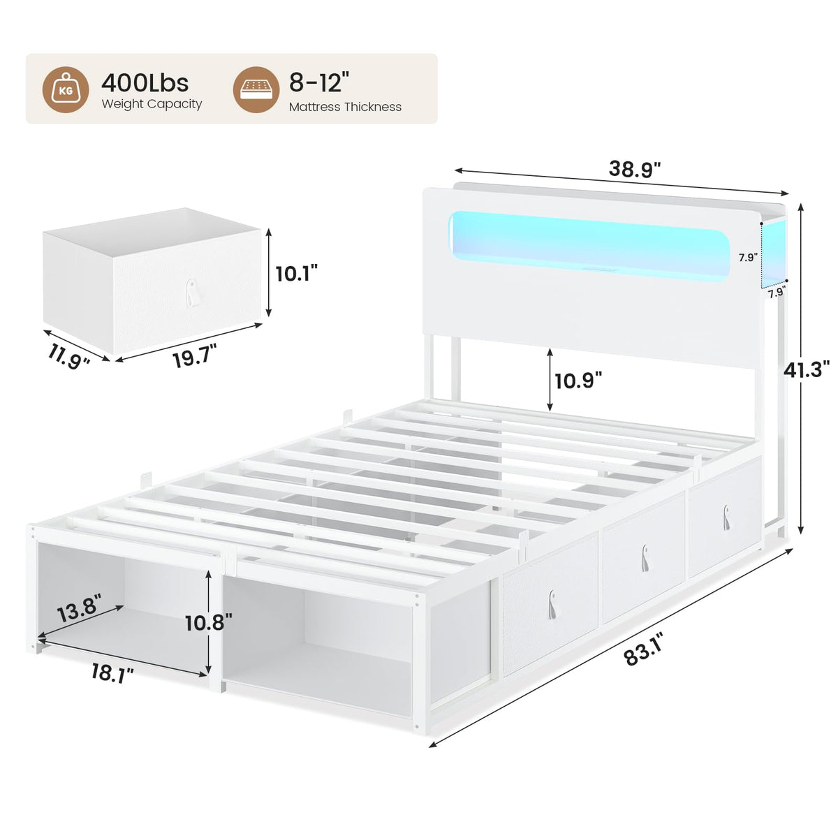 White Twin Bed Frame with 6 Storage Drawers G740