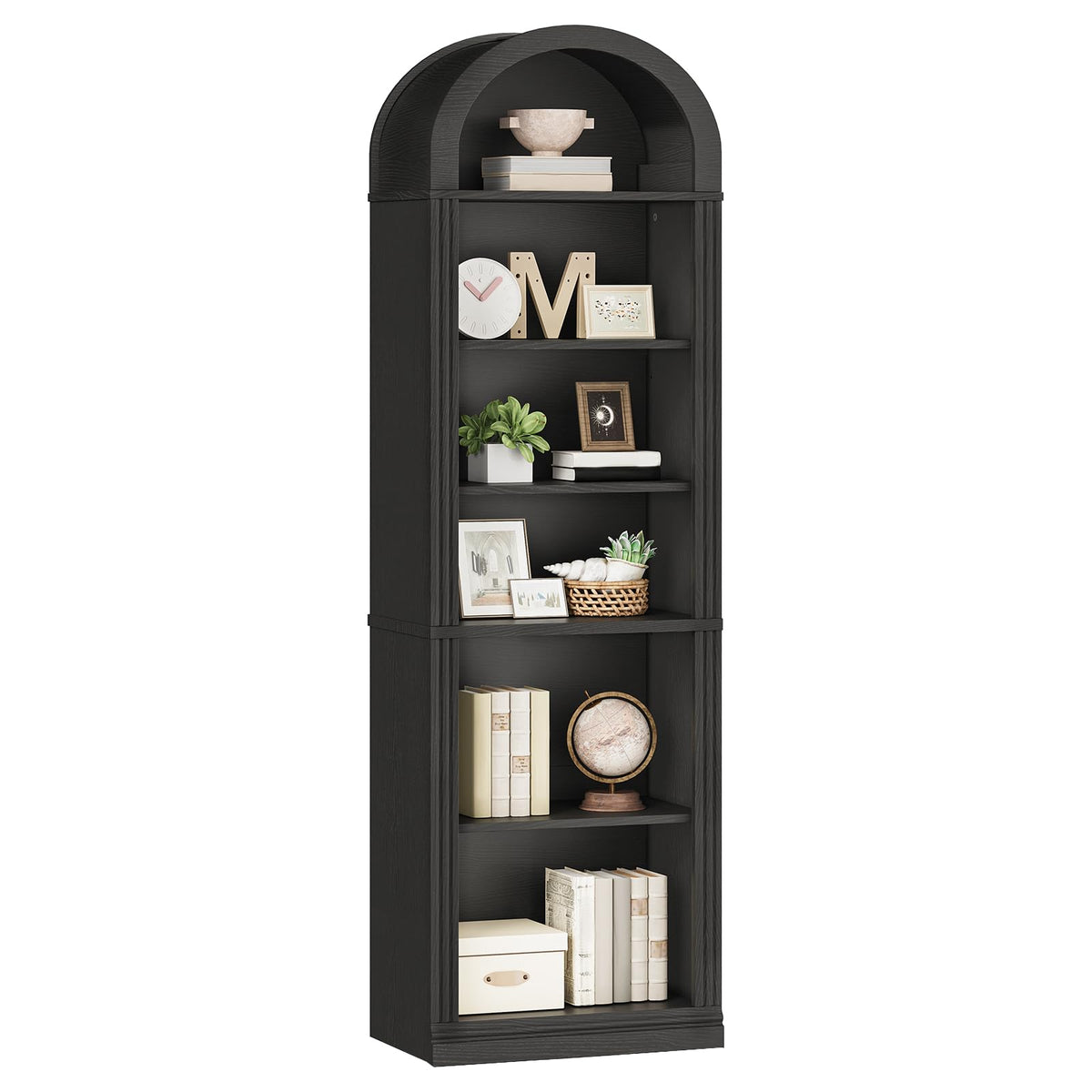 75.8" Tall Narrow 6-Tier Arched Wooden Bookshelf, Black H31972