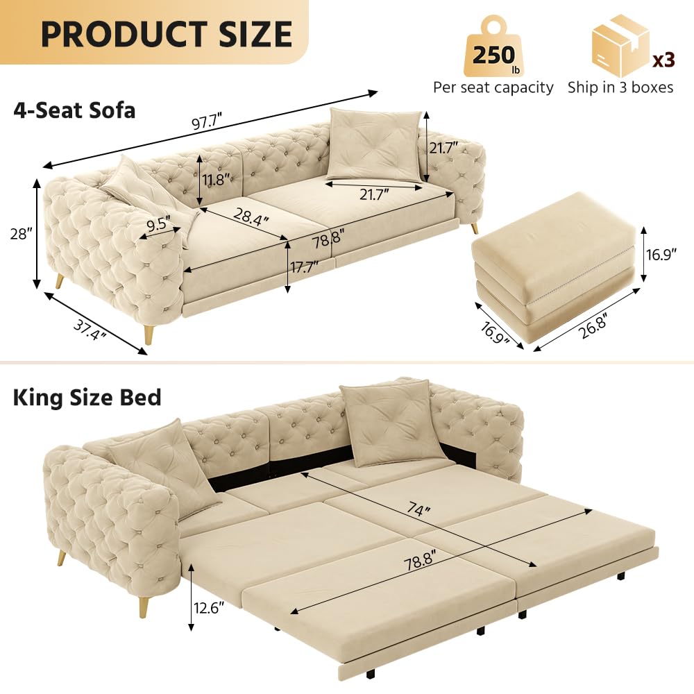 98" King Size Velvet Convertible Sofa Bed with Ottoman E5473