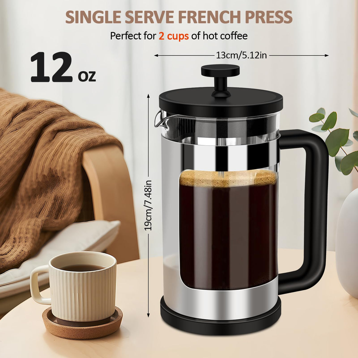 French Press Coffee Maker 12 Oz Borosilicate Glass U7539