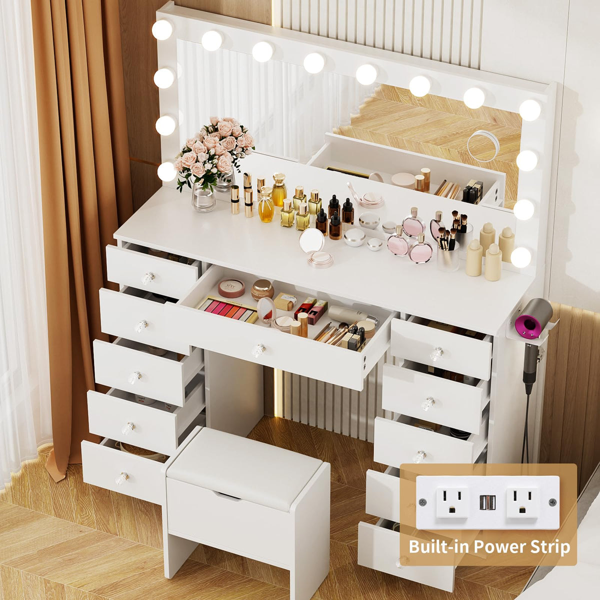 46" Vanity with Lighted Mirror and 11 Drawers K6258