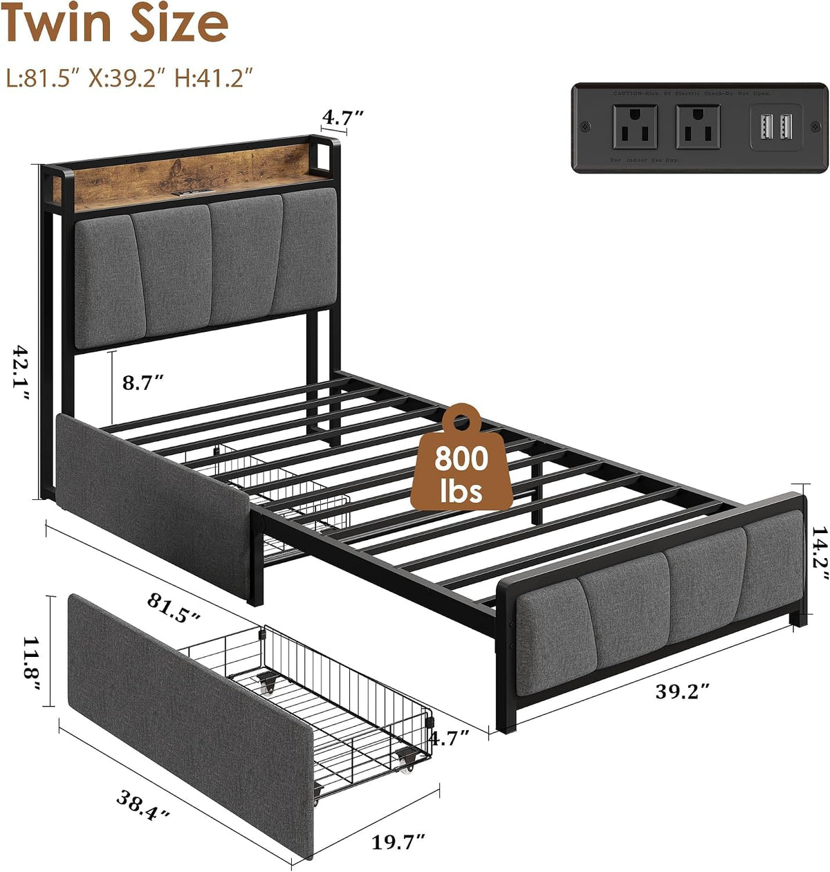 Twin Size Bed Frame with Storage Drawers and Charging Station J583