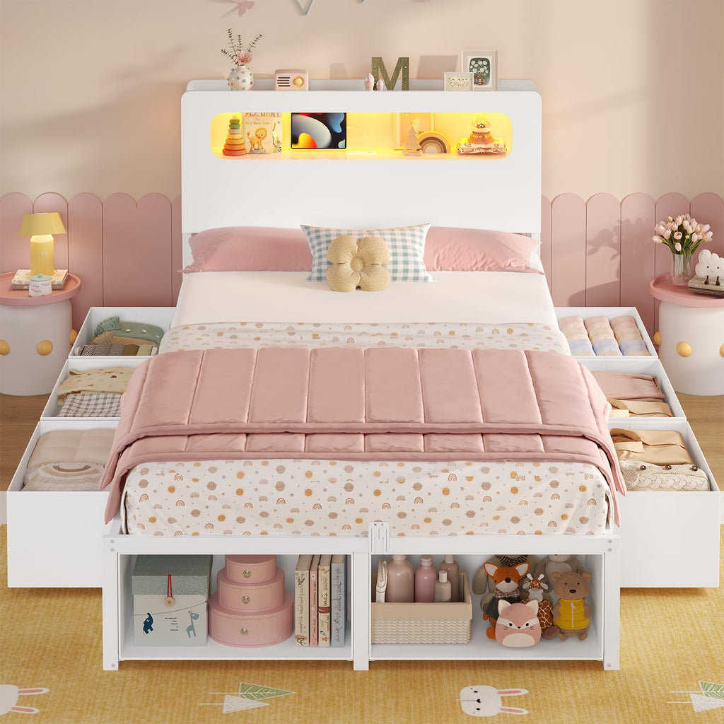 White Twin Bed Frame with 6 Storage Drawers G740