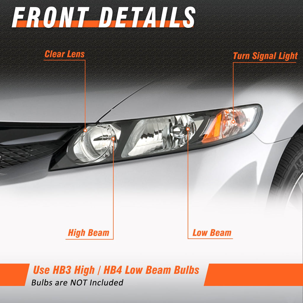 2006-2011 Honda Civic 4 Door Black Headlights Pair H38571