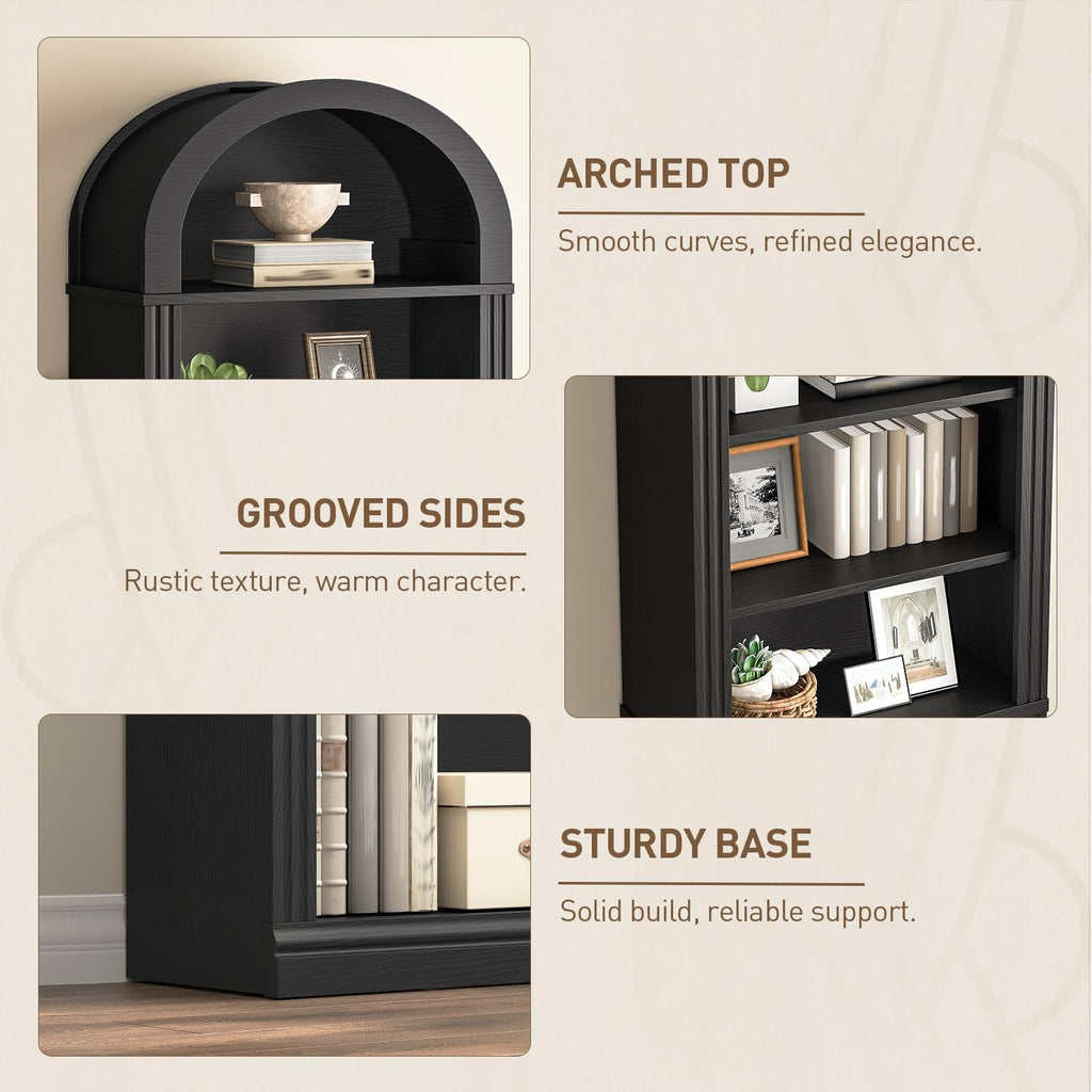 75.8" Tall Narrow 6-Tier Arched Wooden Bookshelf, Black H31972