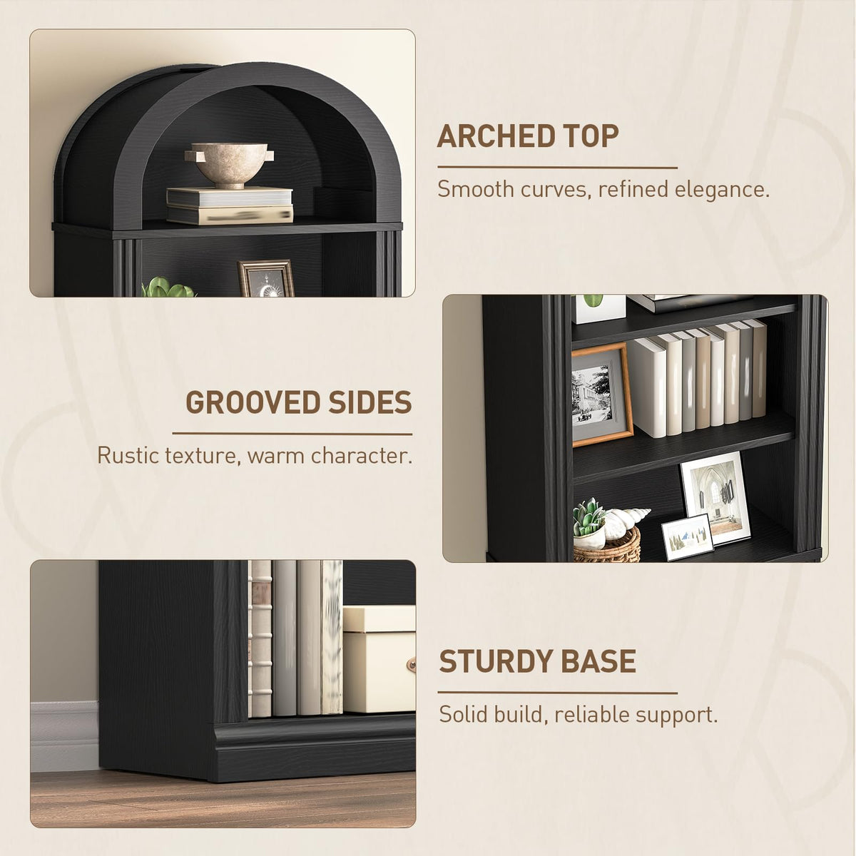 75.8" Tall Narrow 6-Tier Arched Wooden Bookshelf, Black H31972