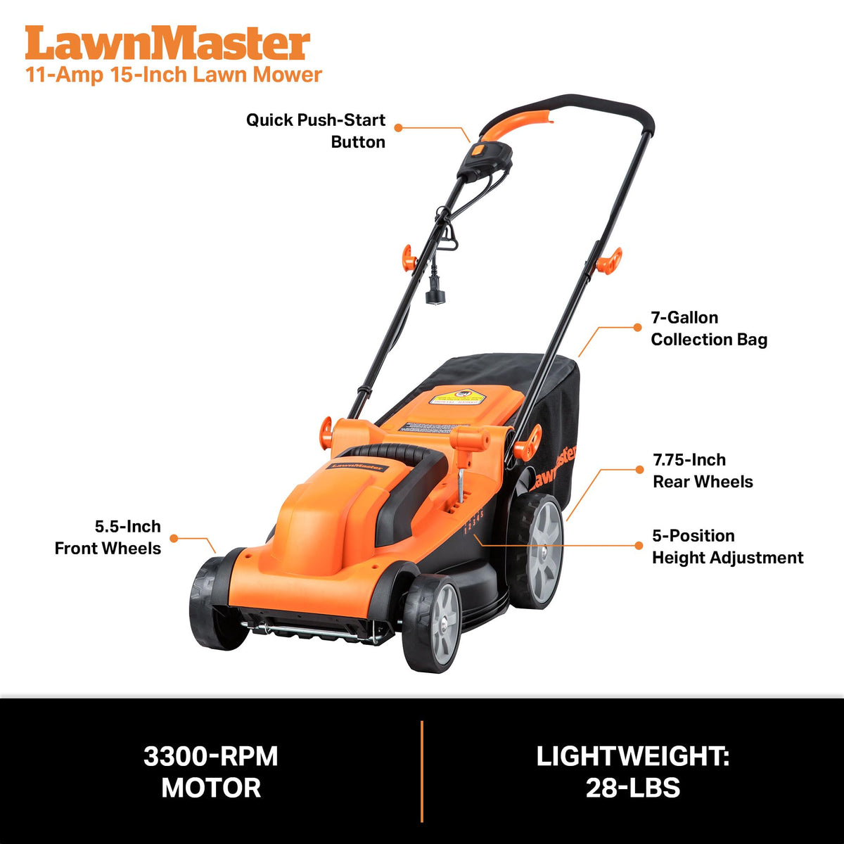 Electric Corded Lawn Mower 15-Inch 11AMP A8680
