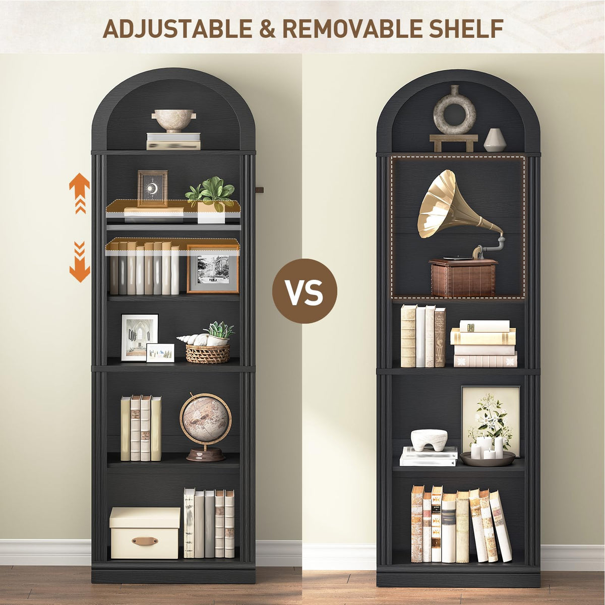 75.8" Tall Narrow 6-Tier Arched Wooden Bookshelf, Black H31972