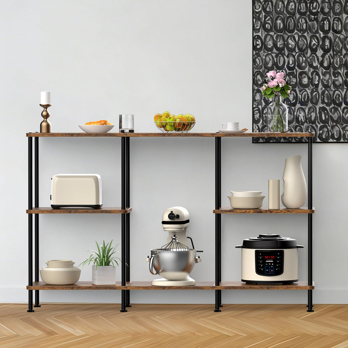 Brown 3 Tier Wood TV Stand with Storage Shelf E11160