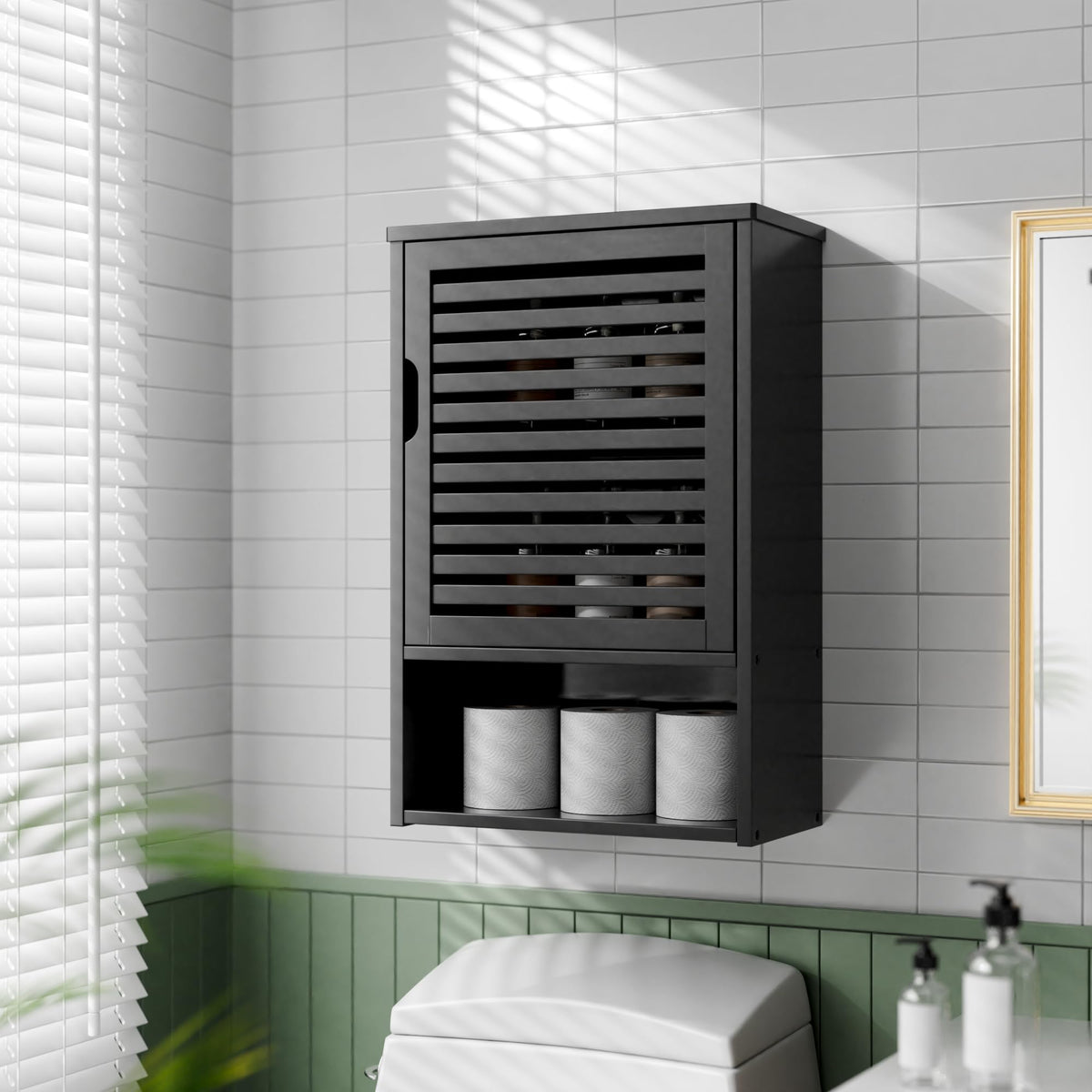 Black Bamboo Wall Mounted Bathroom Storage Cabinet H576