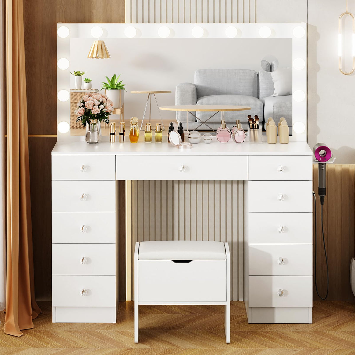 46" Vanity with Lighted Mirror and 11 Drawers K6258