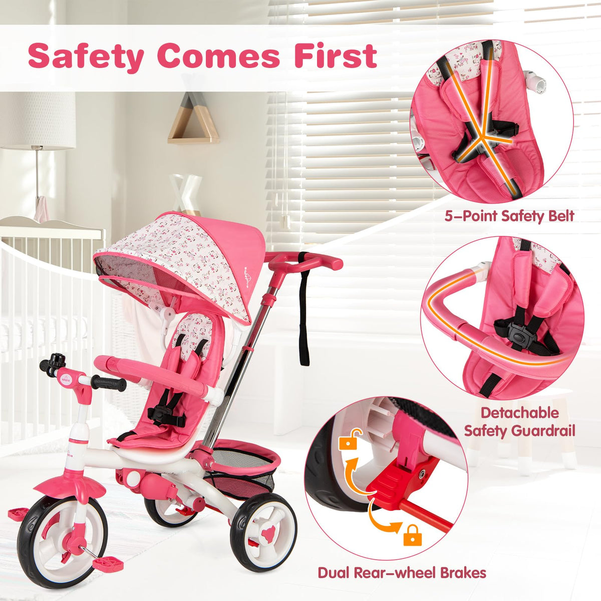 Pink 6 in 1 Toddler Tricycle with Parent Handle E42506
