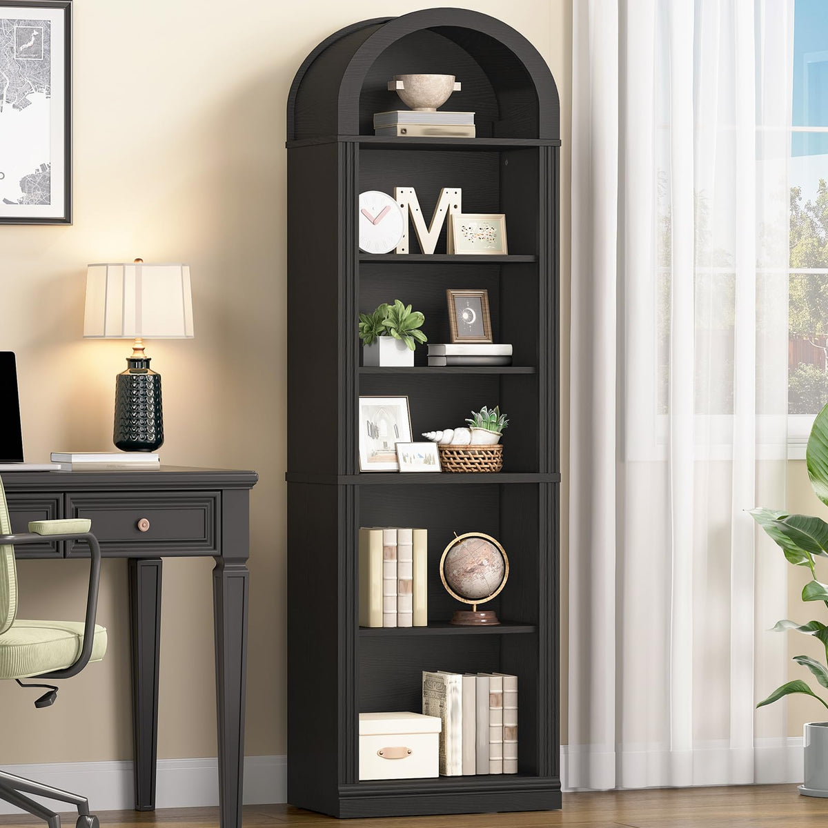 75.8" Tall Narrow 6-Tier Arched Wooden Bookshelf, Black H31972