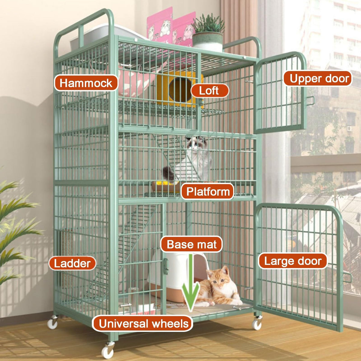 4-Tier Metal Wire Cat Cage with Wheels V385