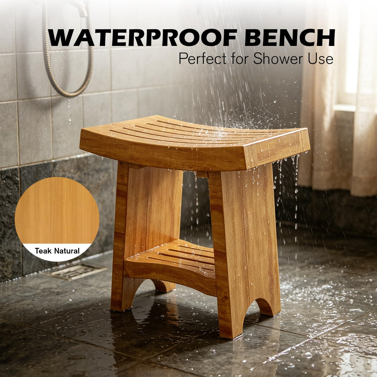 Teak Shower Bench with Shelf P8229