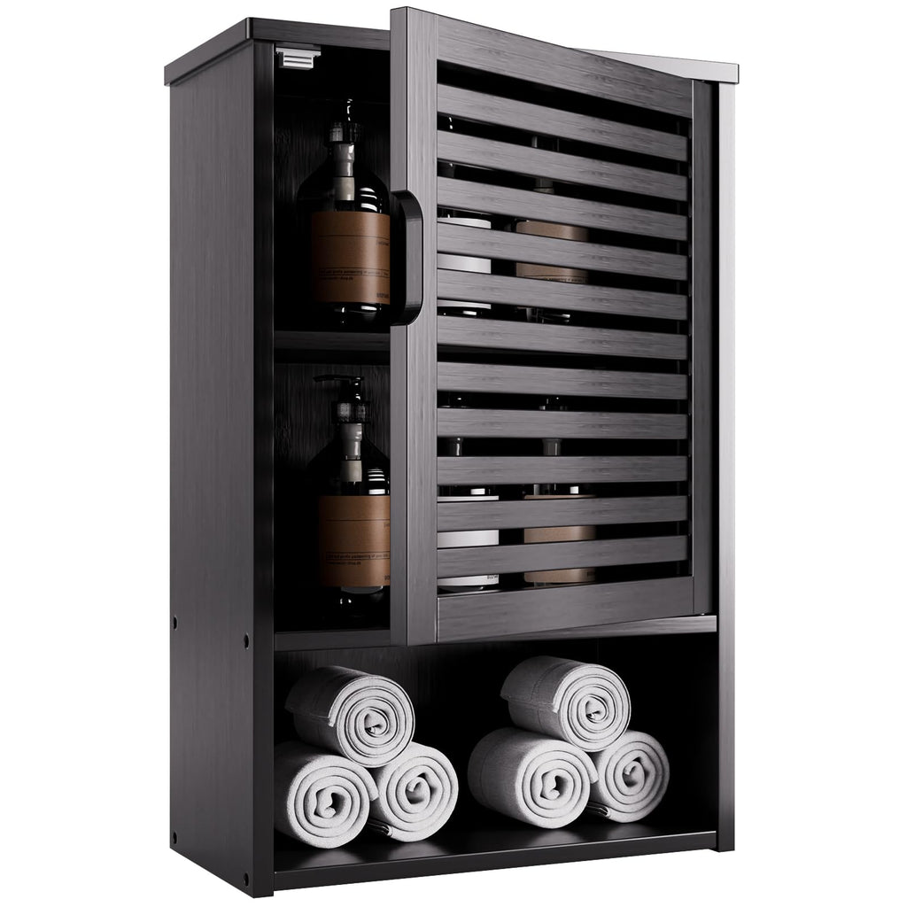 Black Bamboo Wall Mounted Bathroom Storage Cabinet H576
