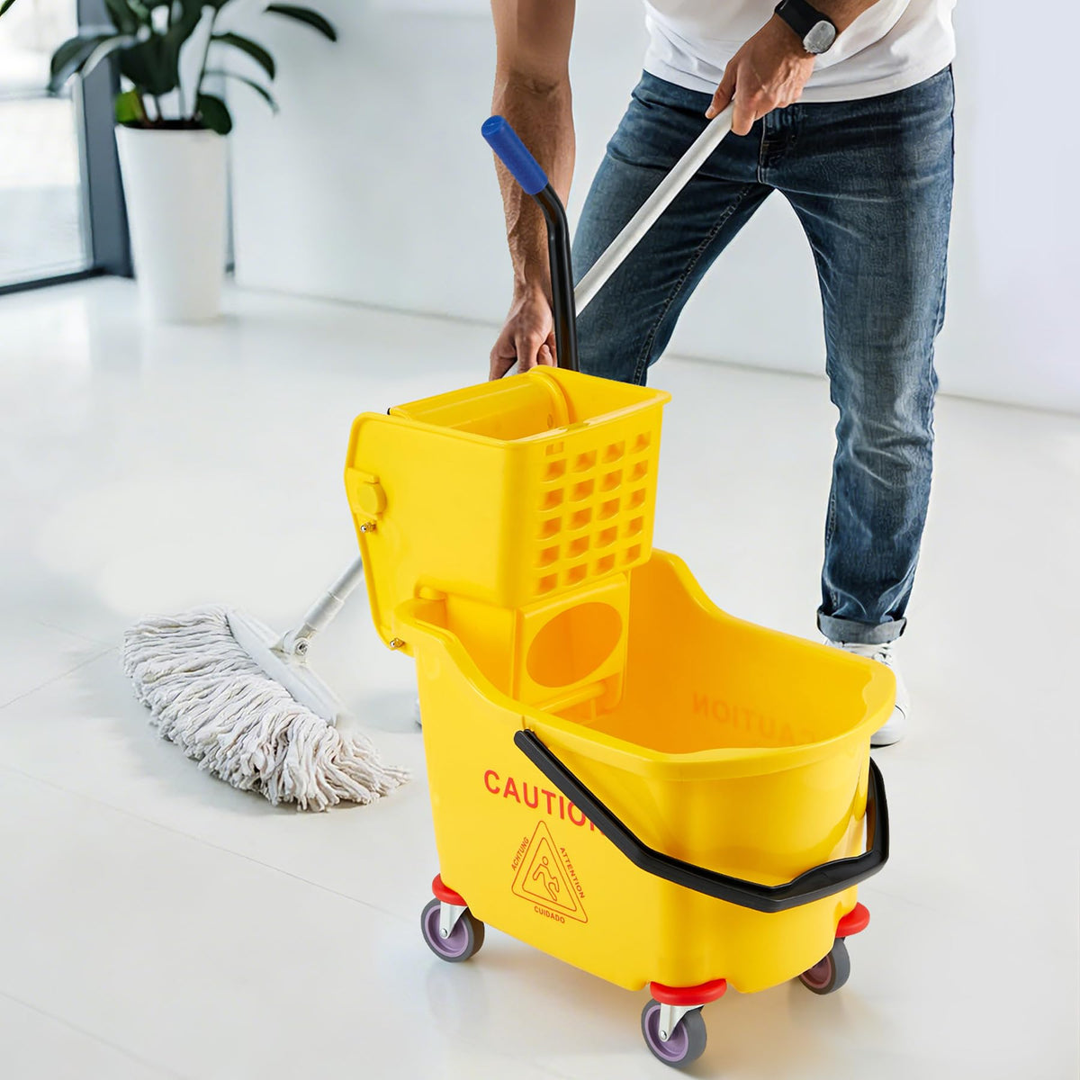Yellow 35 Quart Commercial Mop Bucket with Side Press Wringer on Wheels G446