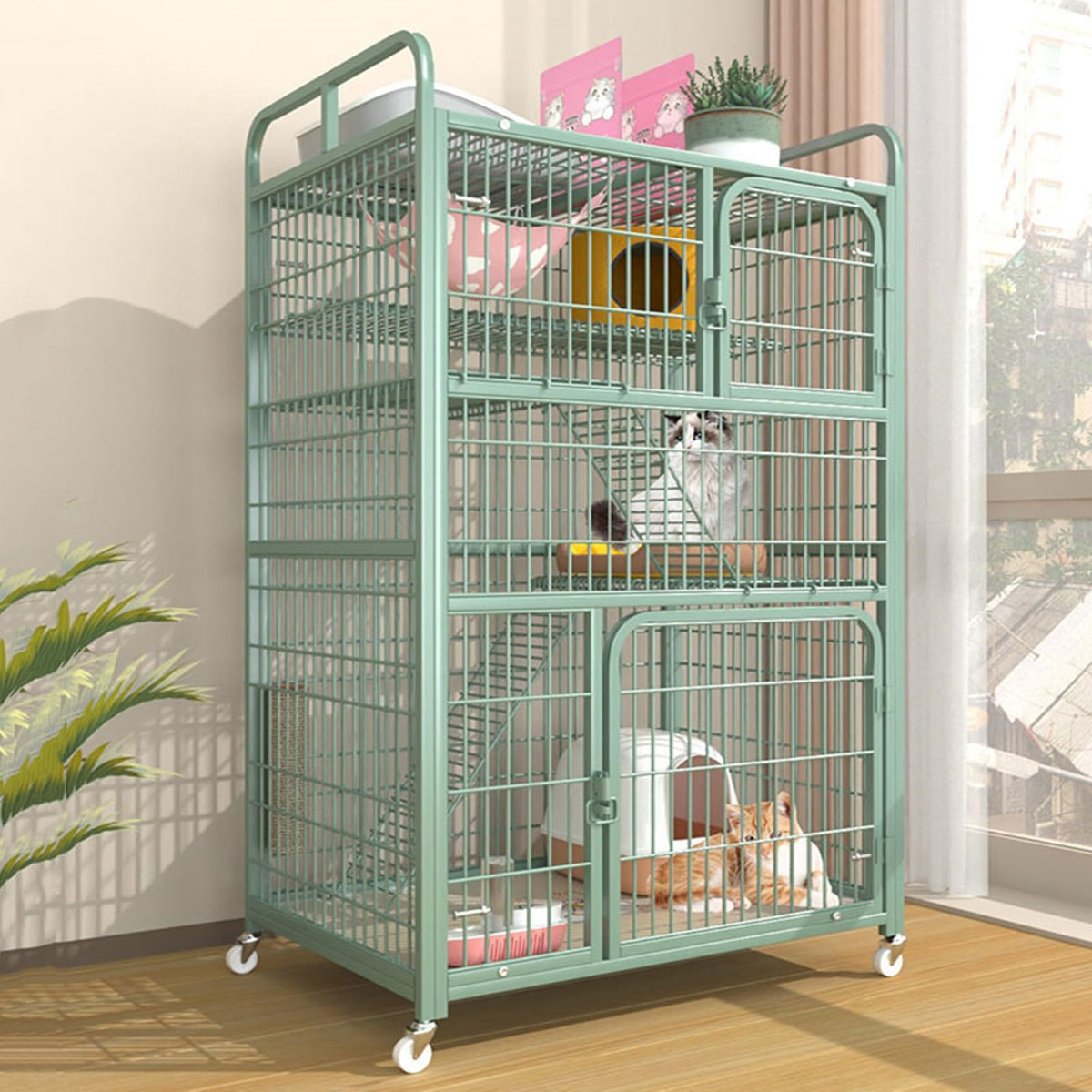 4-Tier Metal Wire Cat Cage with Wheels V385