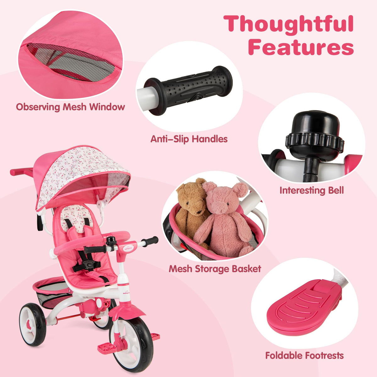 Pink 6 in 1 Toddler Tricycle with Parent Handle E42506