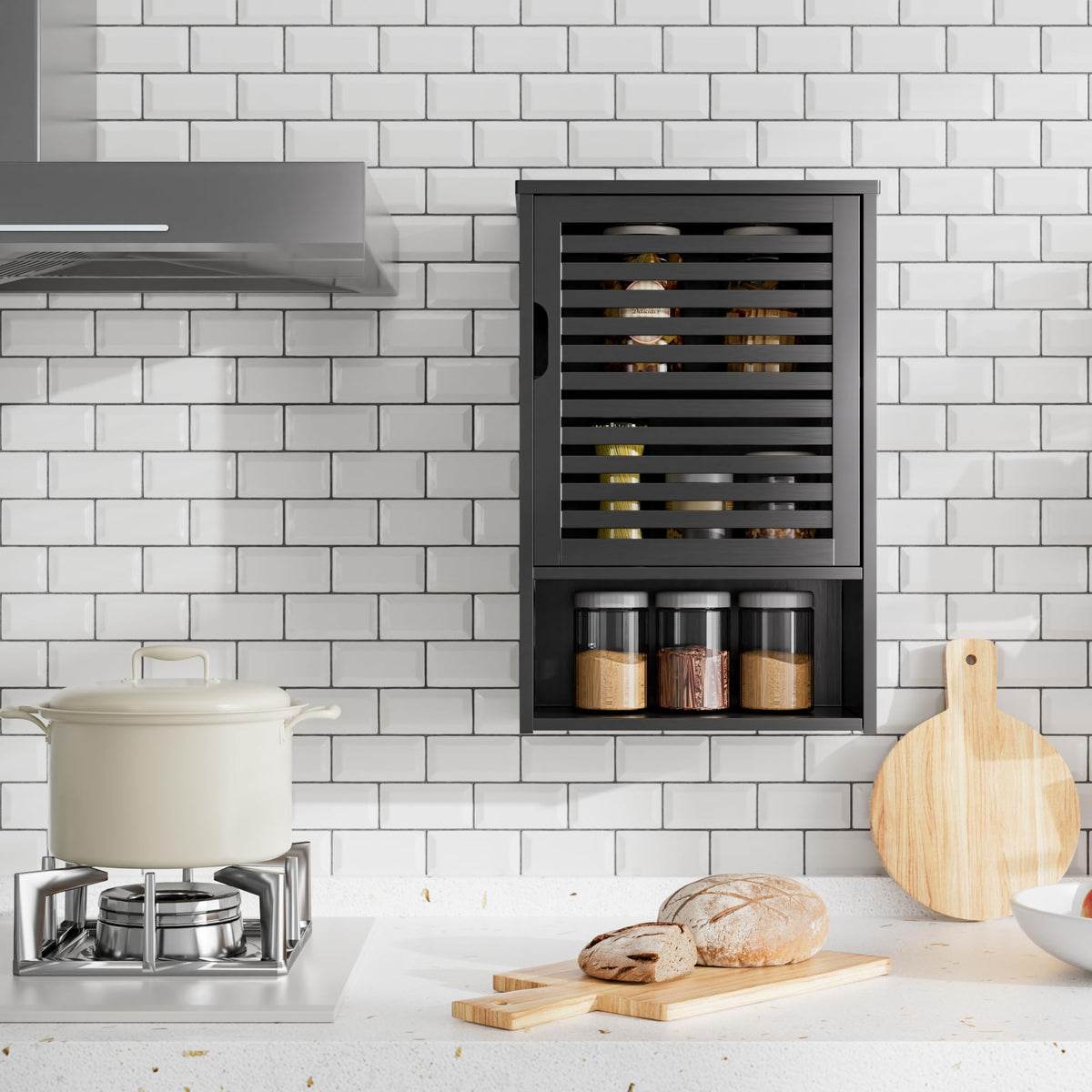 Black Bamboo Wall Mounted Bathroom Storage Cabinet H576