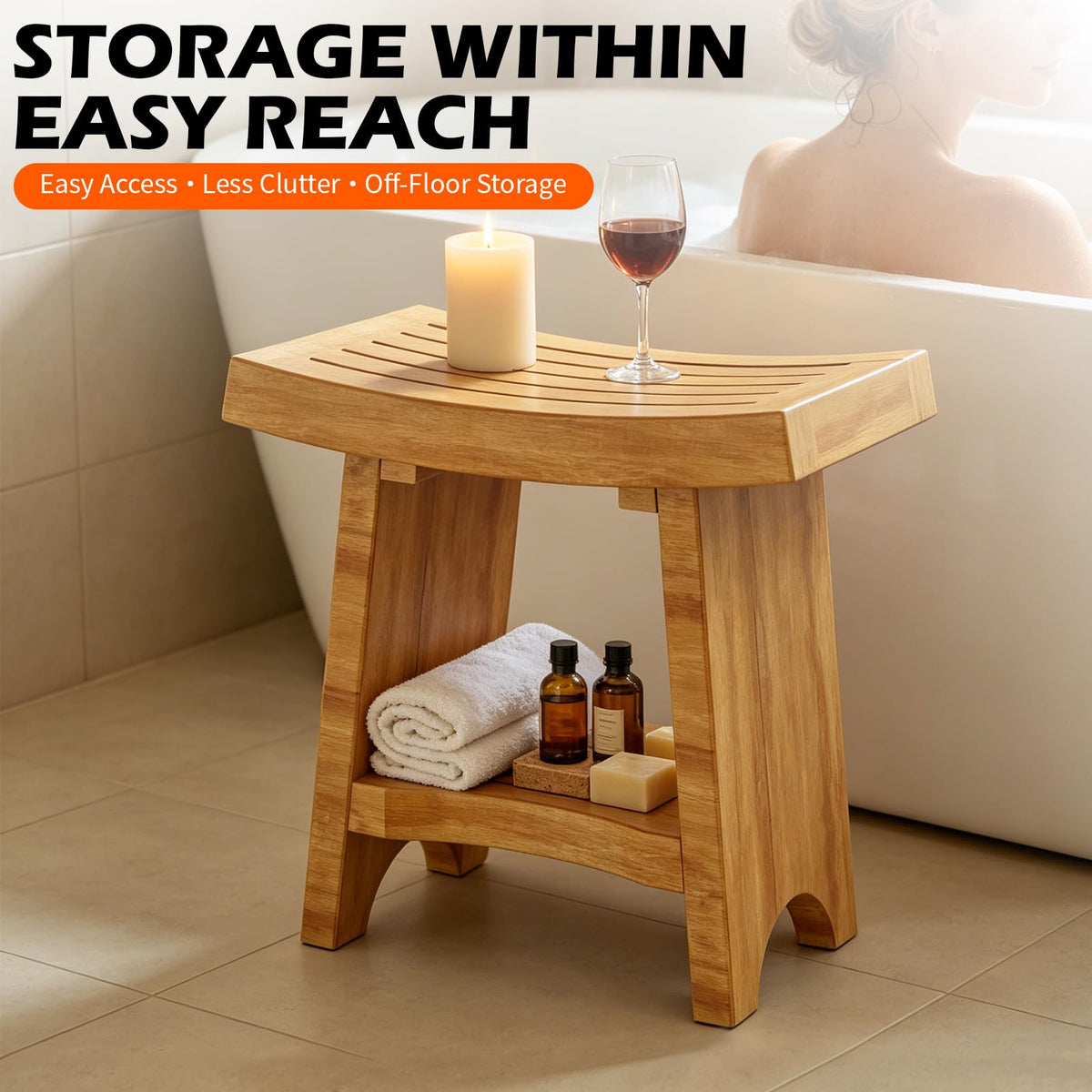 Teak Shower Bench with Shelf P8229