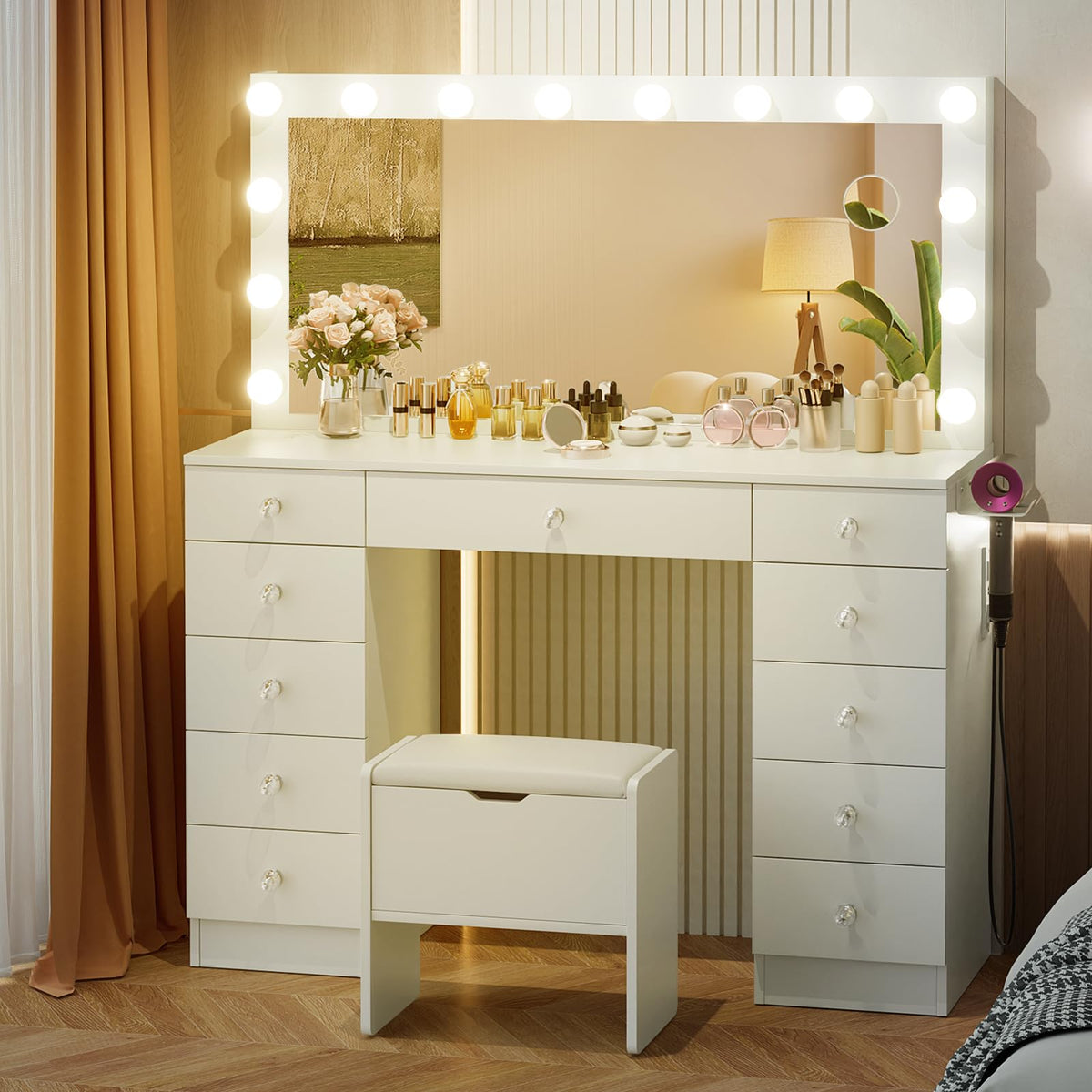46" Vanity with Lighted Mirror and 11 Drawers K6258