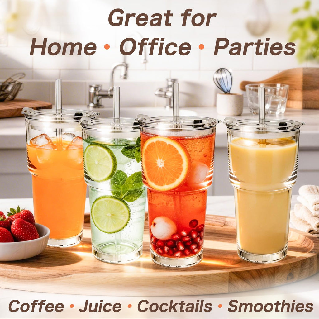 Clear Iced Coffee Cups with Lids 4 Pack 20oz Reusable Glass Cups Y60067