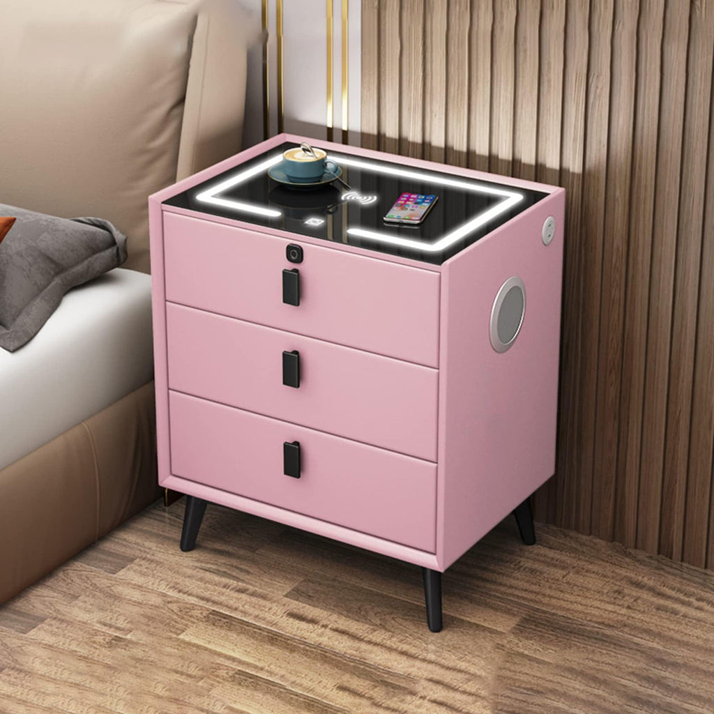 Pink 3 Drawer Wood Nightstand with Charging Station and USB Ports C2194
