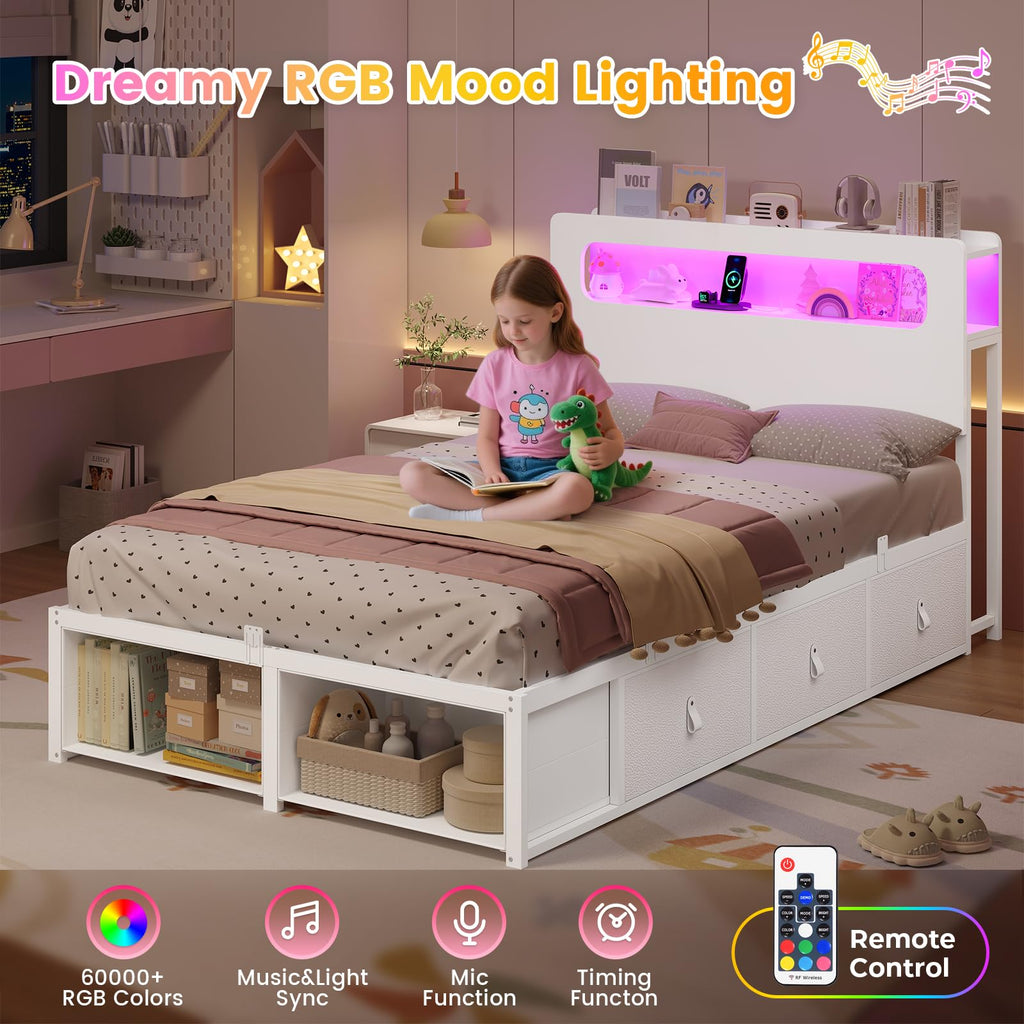 White Twin Bed Frame with 6 Storage Drawers G740