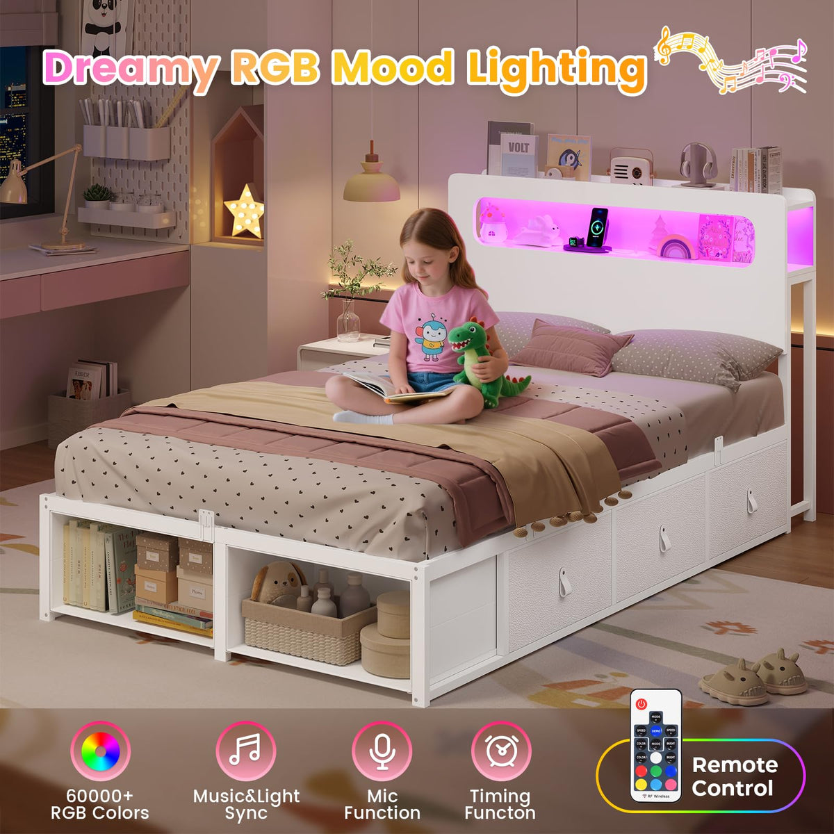 White Twin Bed Frame with 6 Storage Drawers G740