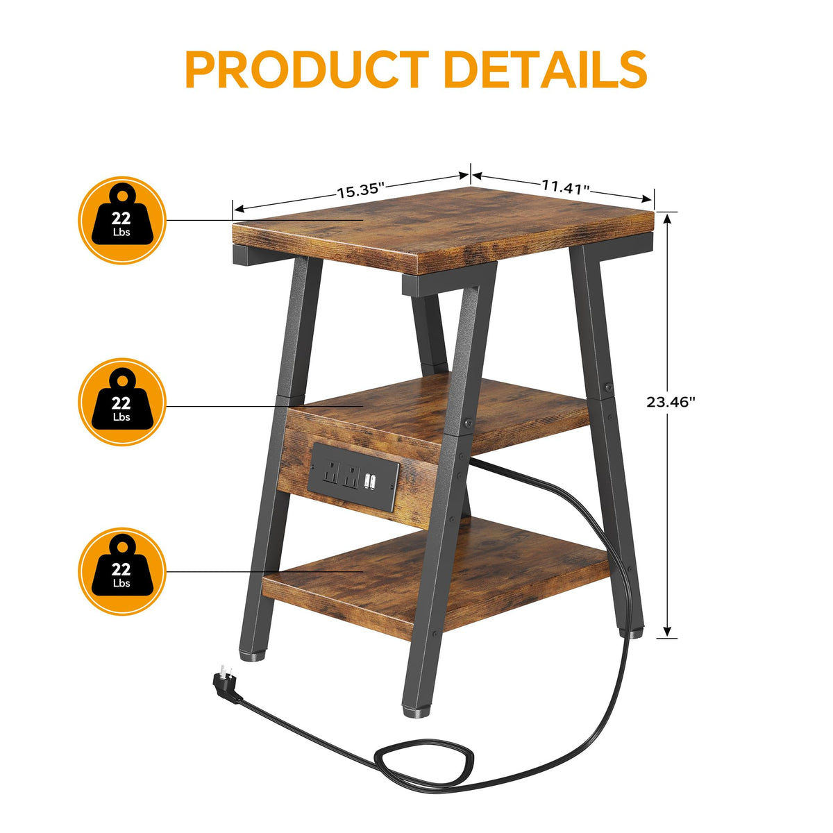 3-Tier Side Table with Charging Station N3592