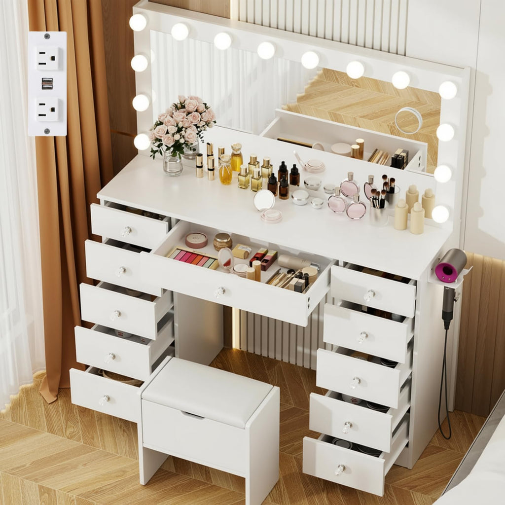 46" Vanity with Lighted Mirror and 11 Drawers K6258