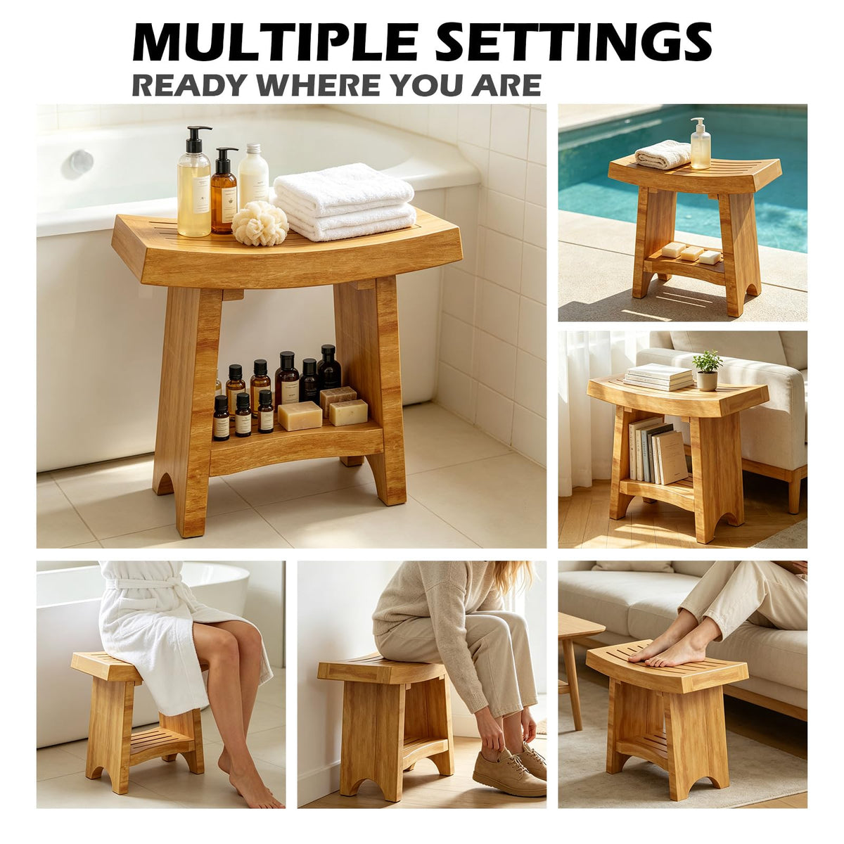 Teak Shower Bench with Shelf P8229