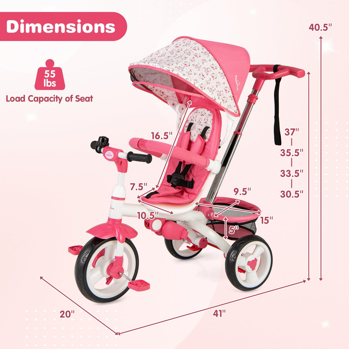 Pink 6 in 1 Toddler Tricycle with Parent Handle E42506