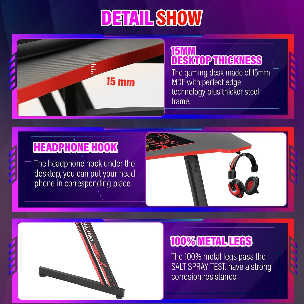 47 Inch Gaming Desk with Headphone Hook G9727
