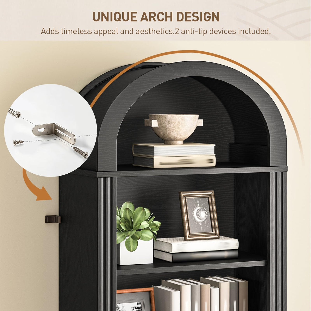 75.8" Tall Narrow 6-Tier Arched Wooden Bookshelf, Black H31972