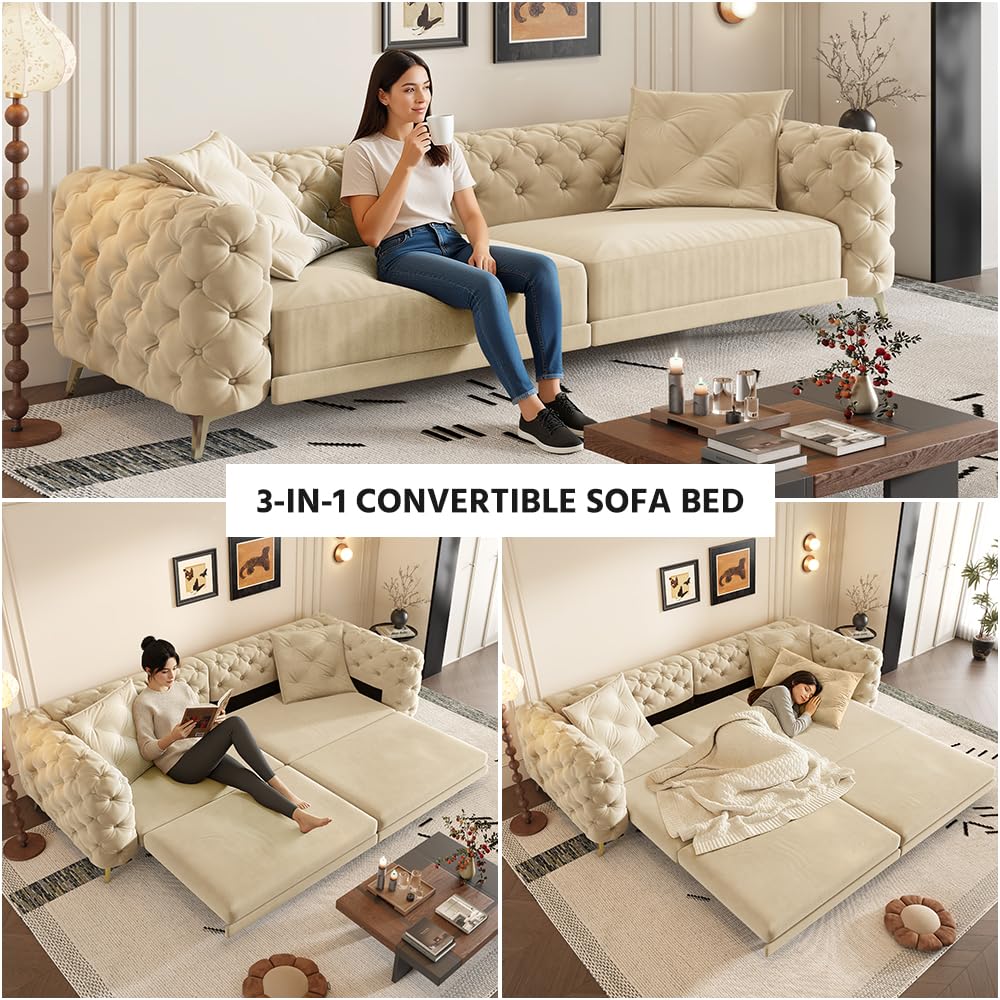 98" King Size Velvet Convertible Sofa Bed with Ottoman E5473