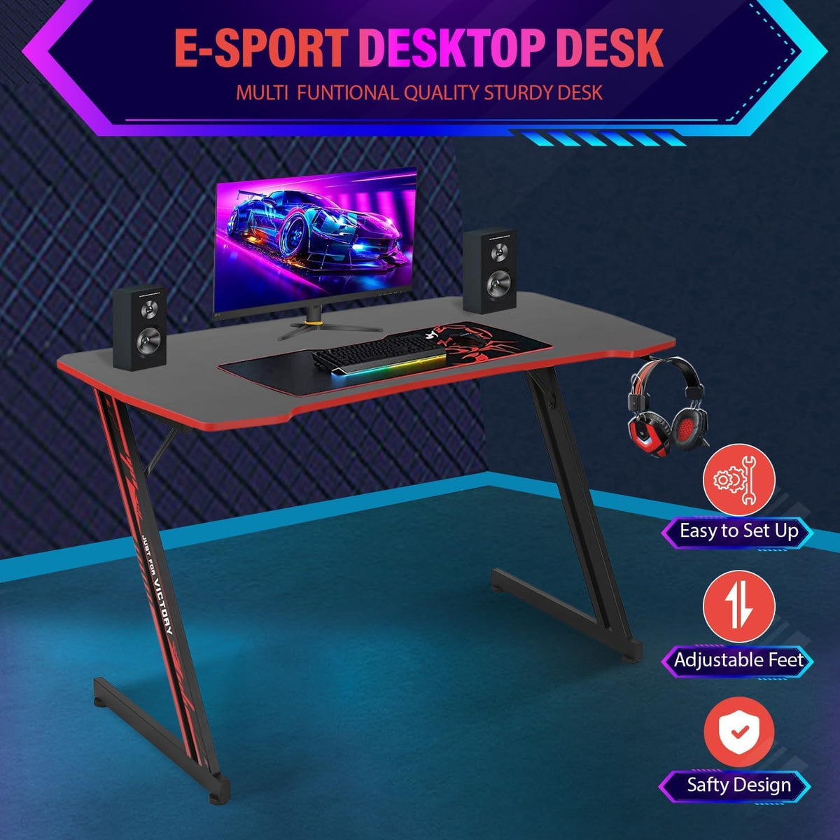 47 Inch Gaming Desk with Headphone Hook G9727