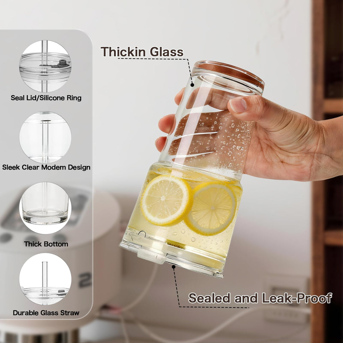 Clear Iced Coffee Cups with Lids 4 Pack 20oz Reusable Glass Cups Y60067