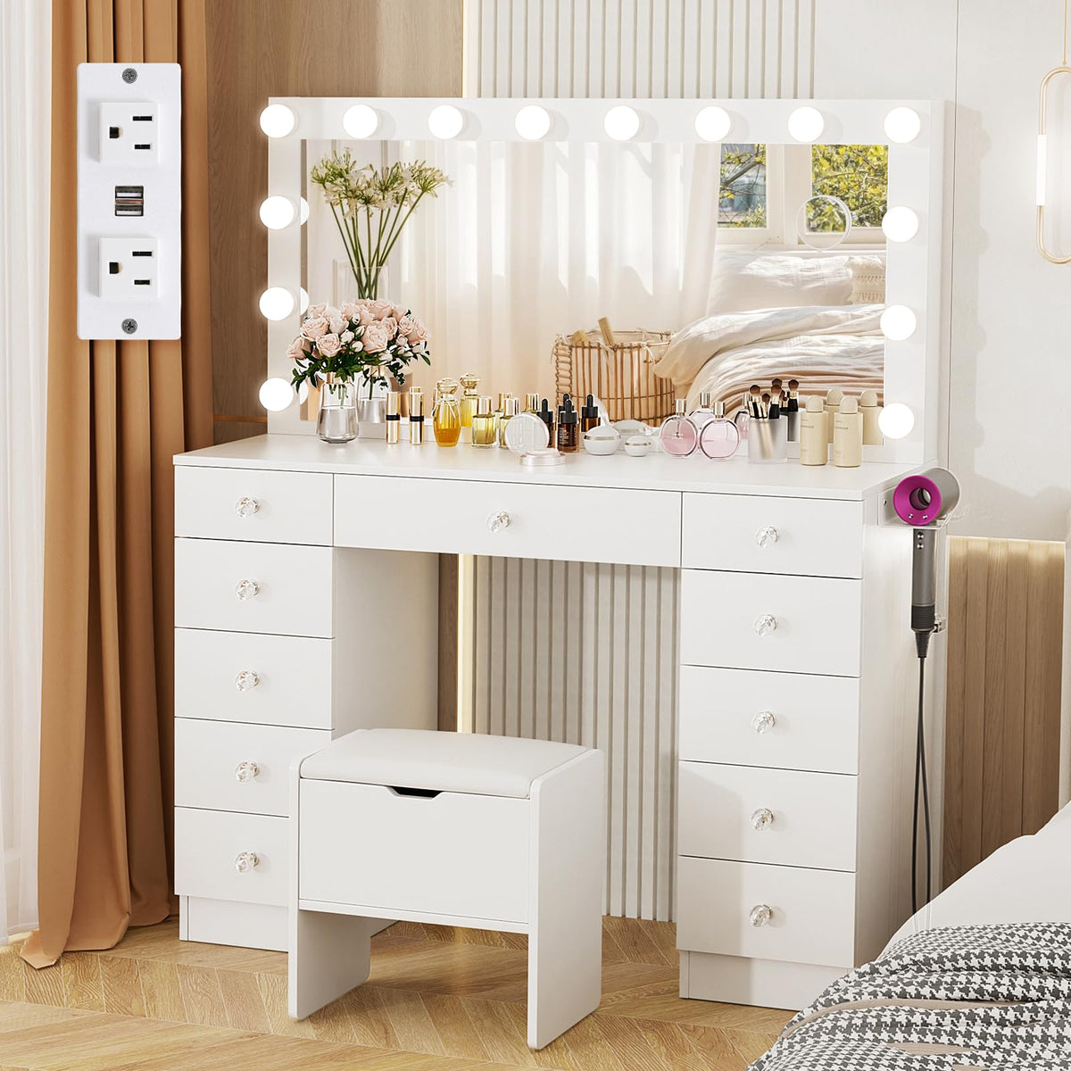 46" Vanity with Lighted Mirror and 11 Drawers K6258