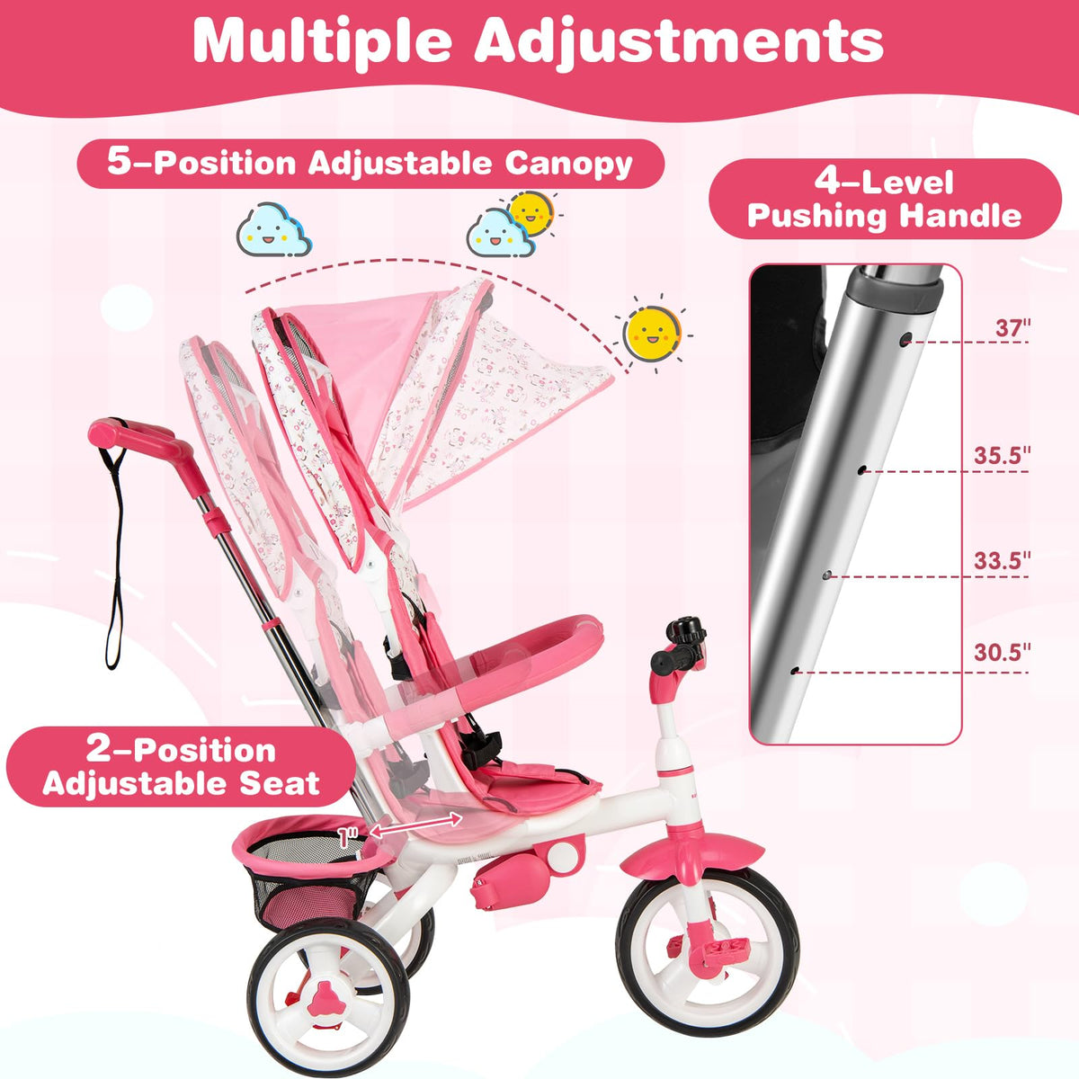 Pink 6 in 1 Toddler Tricycle with Parent Handle E42506