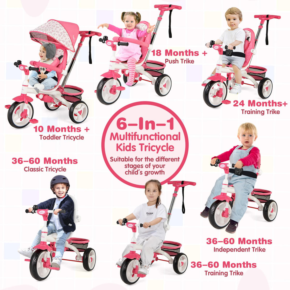 Pink 6 in 1 Toddler Tricycle with Parent Handle E42506