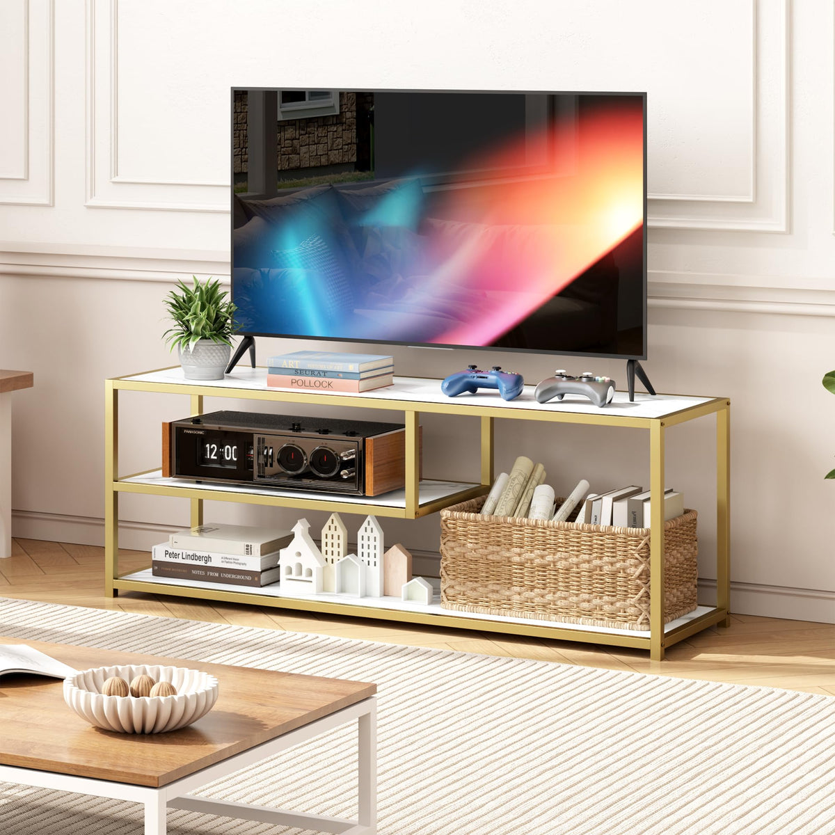 TV Stand for TVs up to 55 Inch, 3 Tier Media Console with Open Storage Shelves V762805