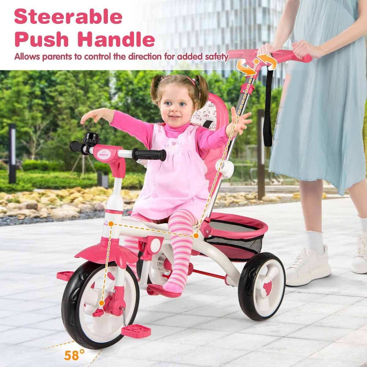Pink 6 in 1 Toddler Tricycle with Parent Handle E42506