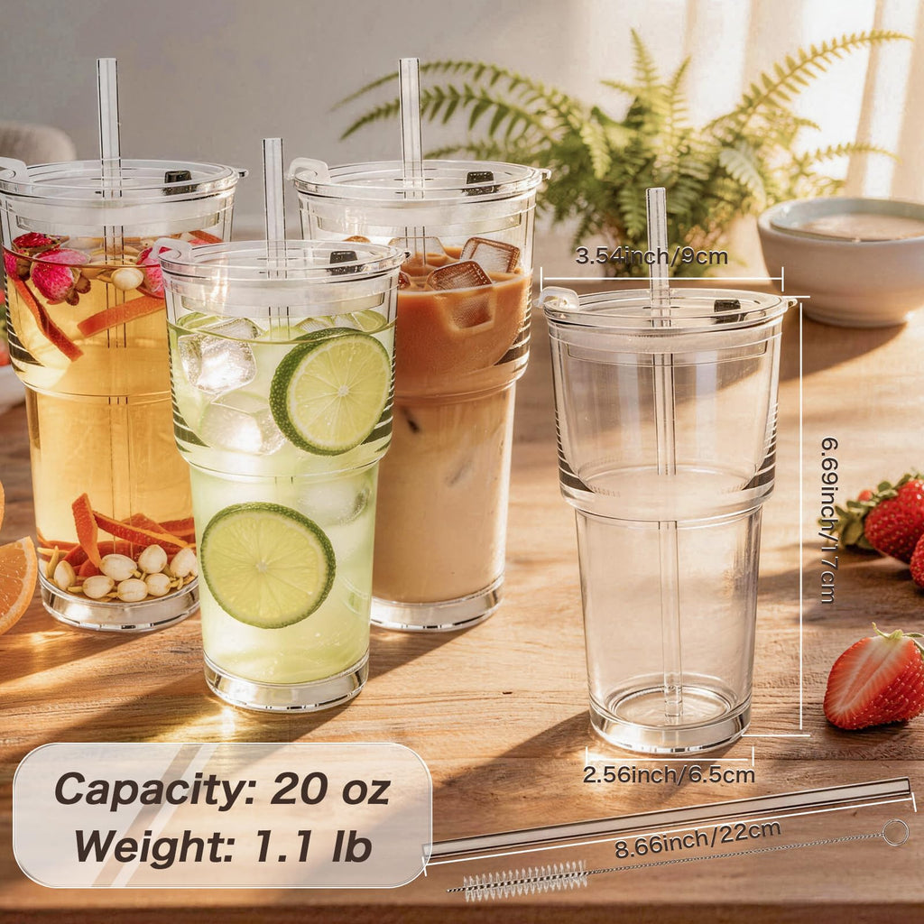 Clear Iced Coffee Cups with Lids 4 Pack 20oz Reusable Glass Cups Y60067