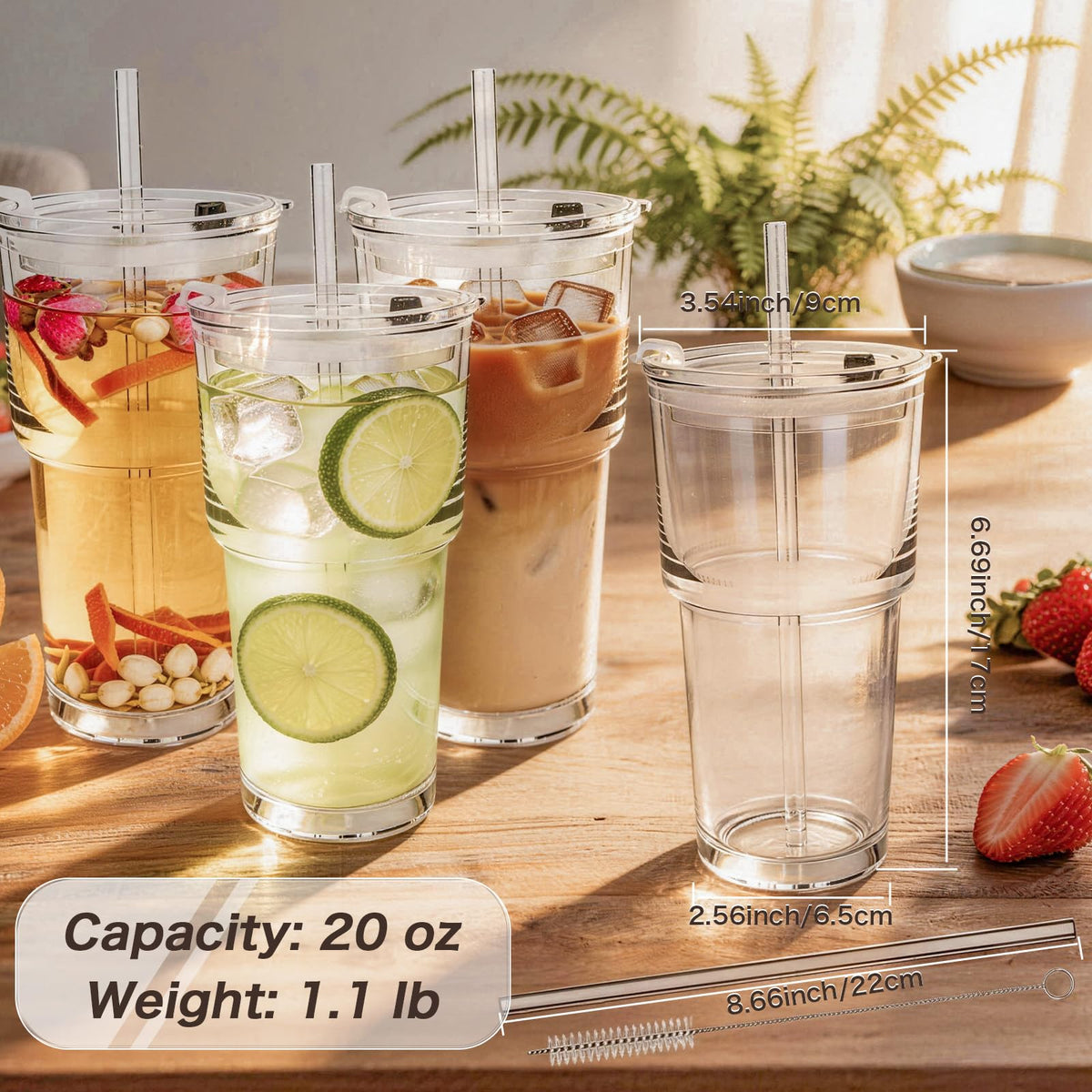 Clear Iced Coffee Cups with Lids 4 Pack 20oz Reusable Glass Cups Y60067